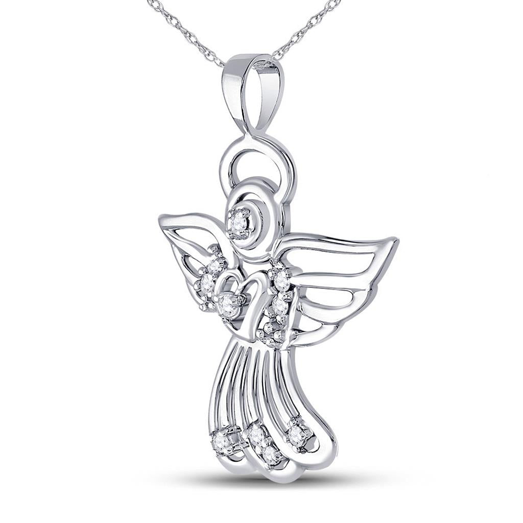 14k White Gold Round Diamond Guardian Angel Pendant 1/10 Cttw