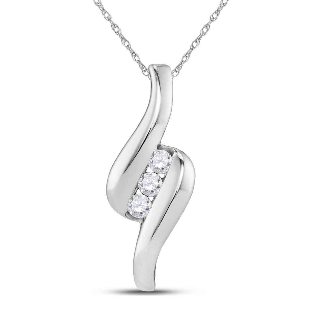 14k White Gold Round Diamond 3-stone Ribbon Pendant 1/6 Cttw