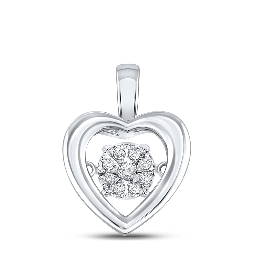 14k White Gold Round Diamond Moving Twinkle Heart Pendant 1/20 Cttw