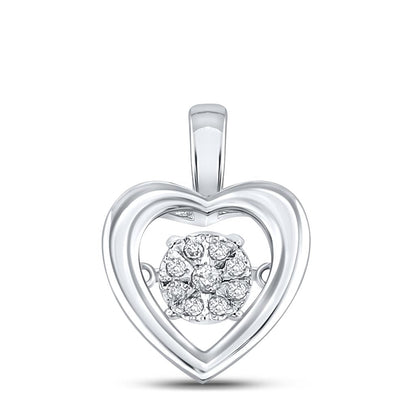 14k White Gold Round Diamond Moving Twinkle Heart Pendant 1/20 Cttw