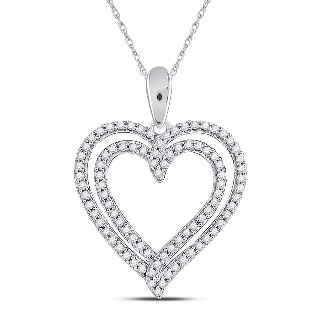 14k White Gold Round Diamond Double Frame Heart Pendant 1/2 Cttw