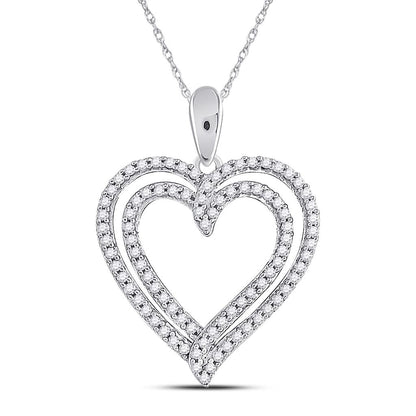 14k White Gold Round Diamond Double Frame Heart Pendant 1/2 Cttw