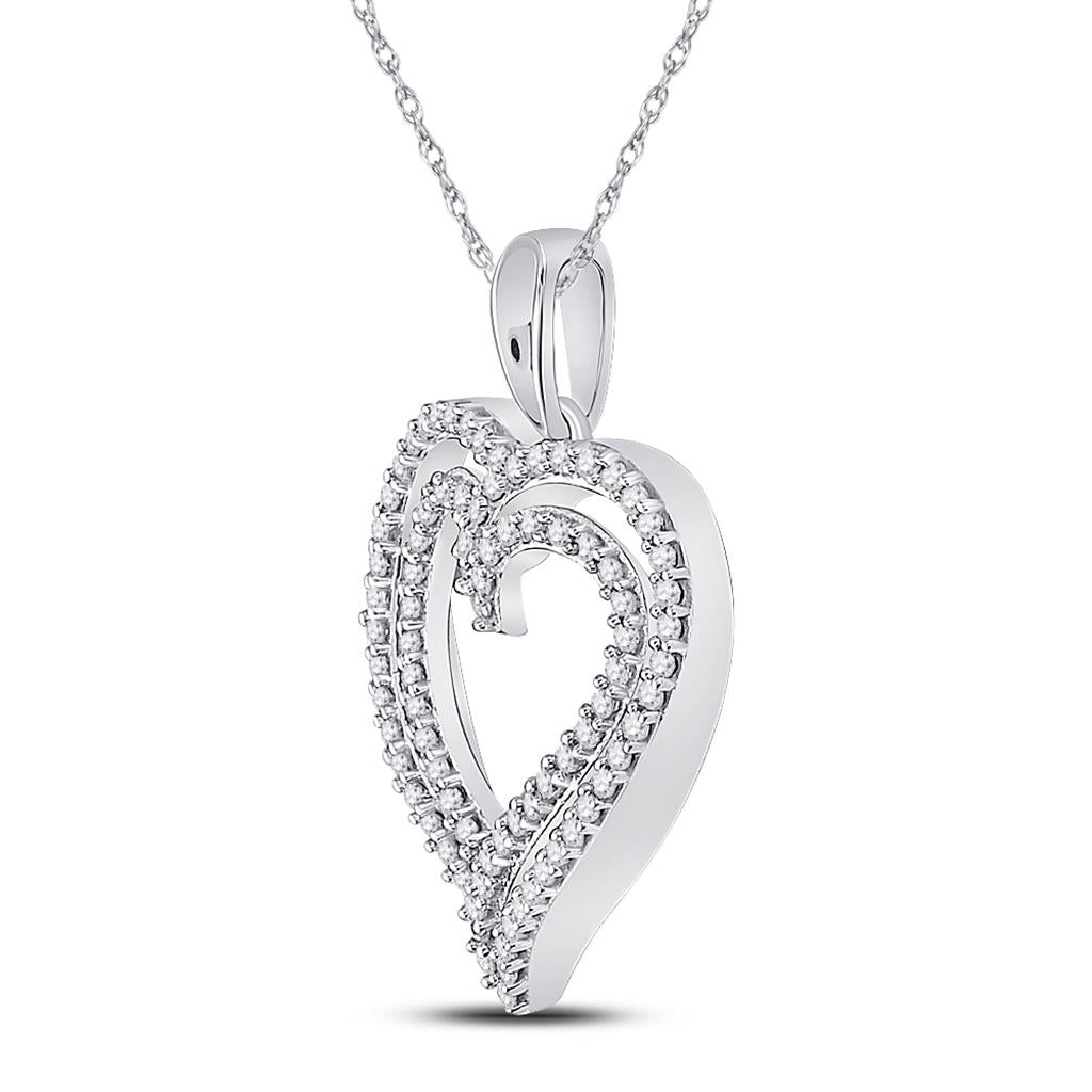 14k White Gold Round Diamond Double Frame Heart Pendant 1/2 Cttw