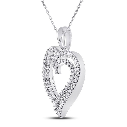 14k White Gold Round Diamond Double Frame Heart Pendant 1/2 Cttw