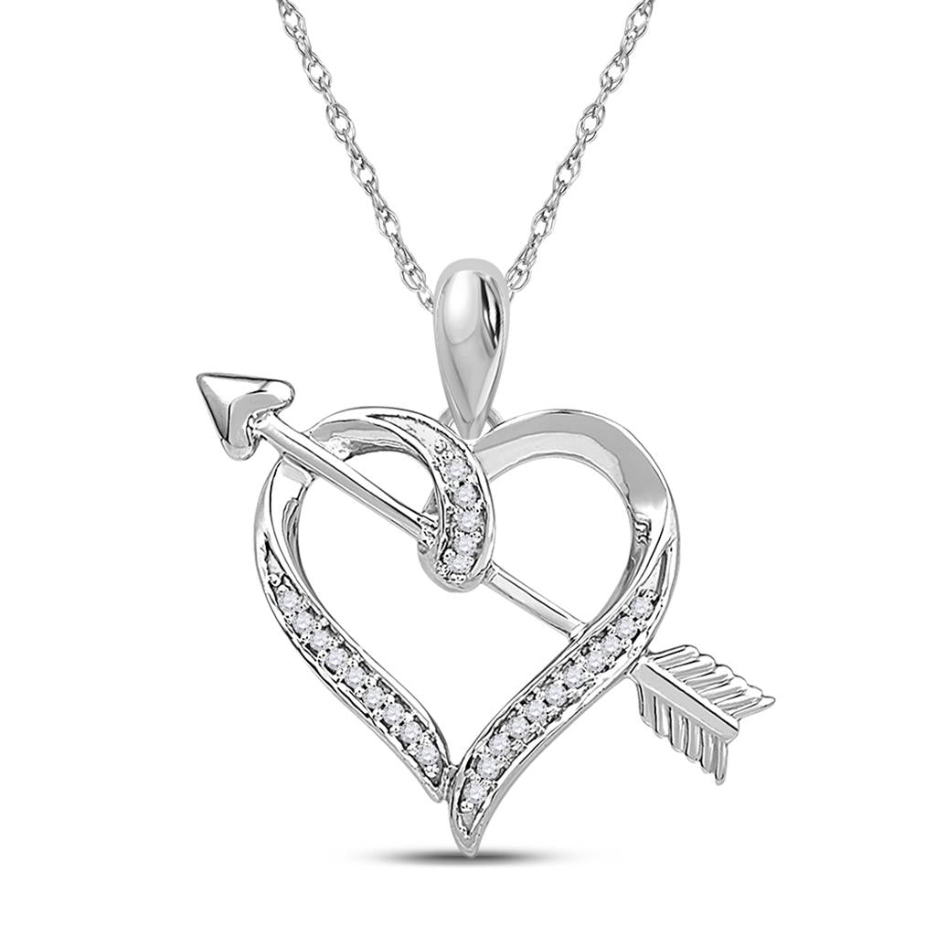 14k White Gold Round Diamond Heart Arrow Pendant 1/12 Cttw