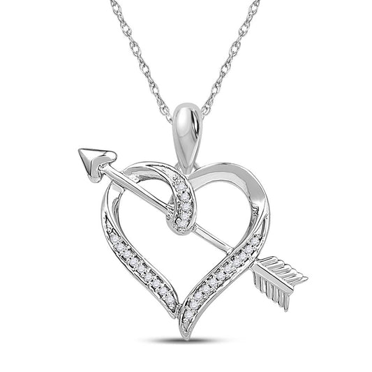 14k White Gold Round Diamond Heart Arrow Pendant 1/12 Cttw