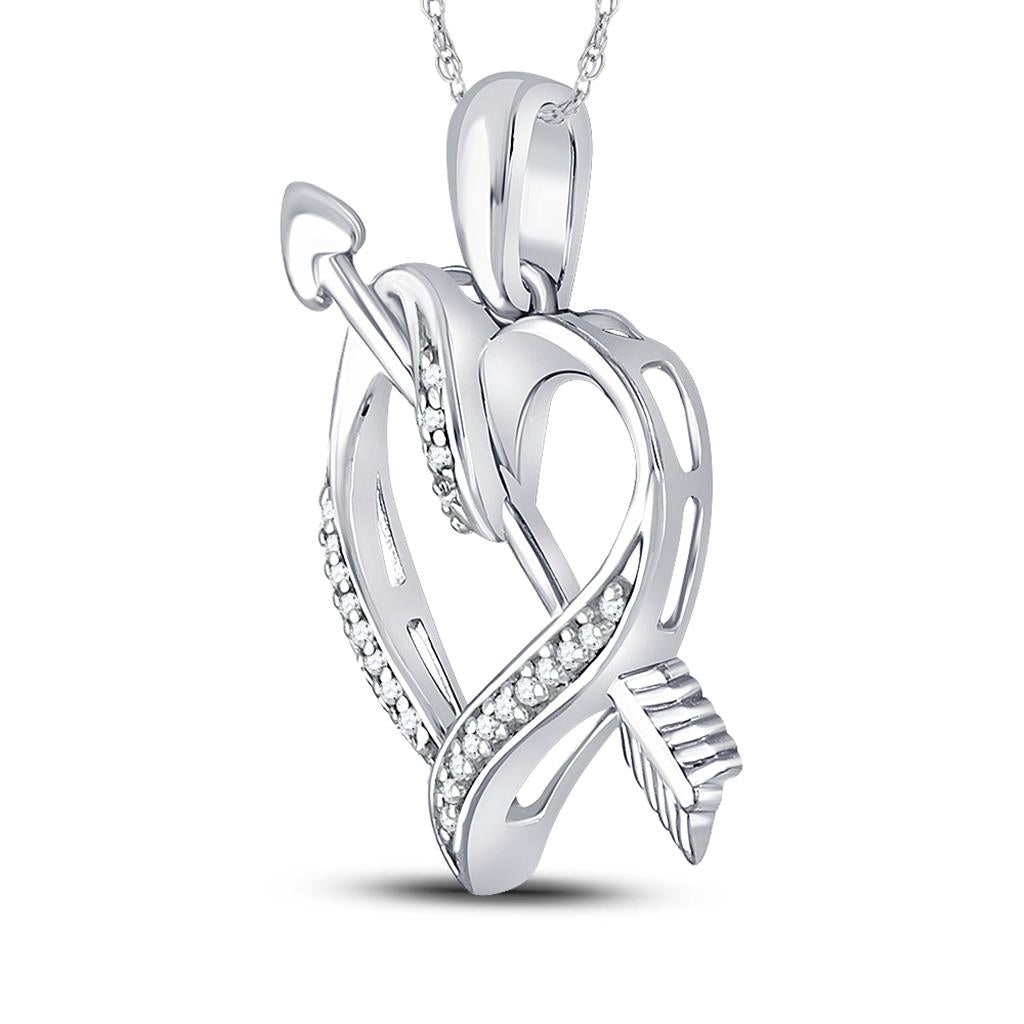 14k White Gold Round Diamond Heart Arrow Pendant 1/12 Cttw