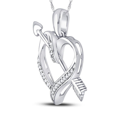 14k White Gold Round Diamond Heart Arrow Pendant 1/12 Cttw