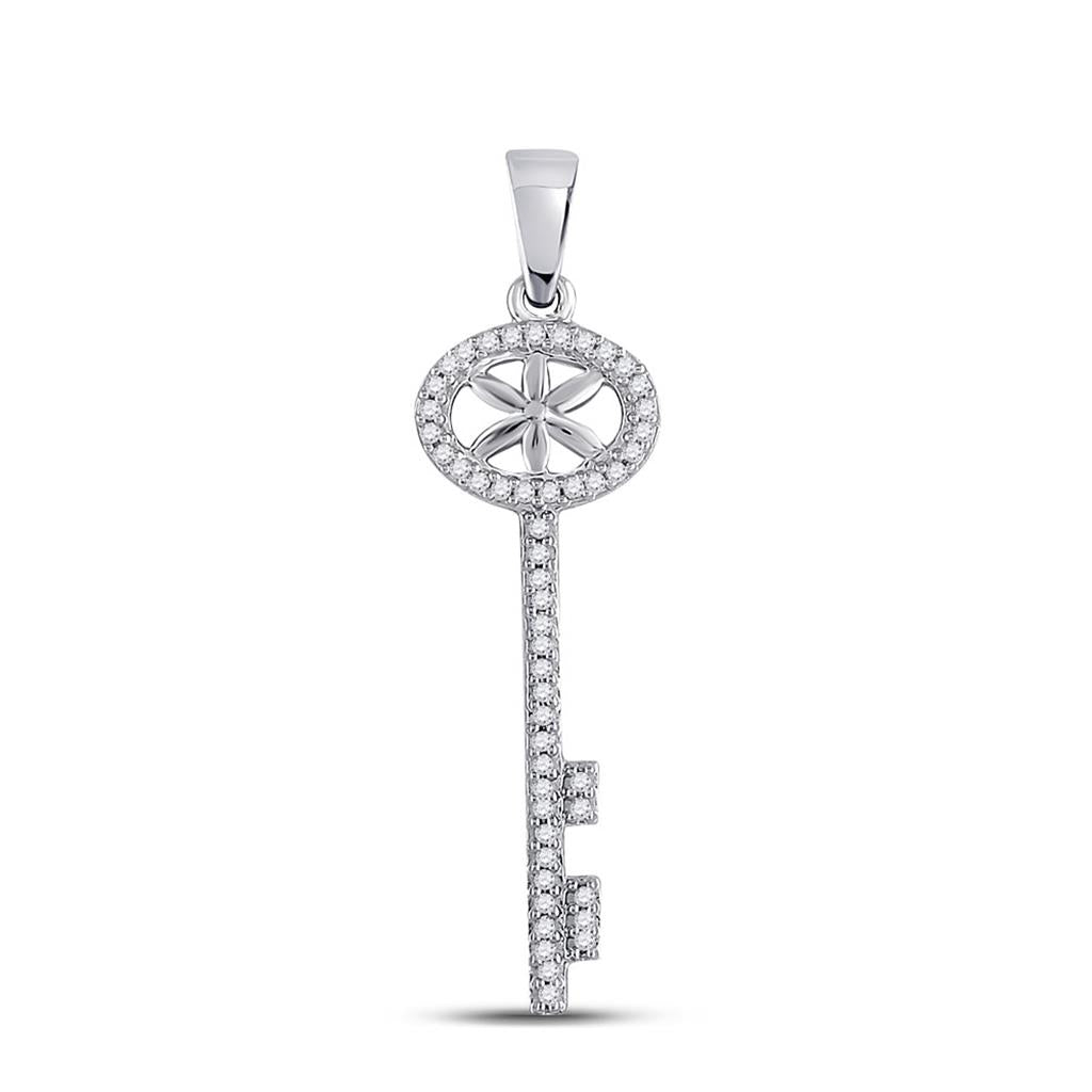 14k White Gold Round Diamond Key Pendant 1/6 Cttw