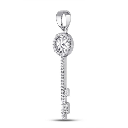 14k White Gold Round Diamond Key Pendant 1/6 Cttw