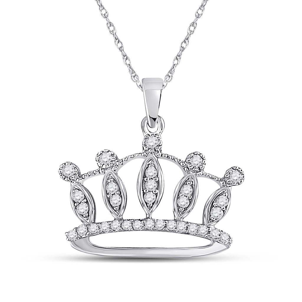 14k White Gold Round Diamond Crown Tiara Fashion Pendant 1/6 Cttw