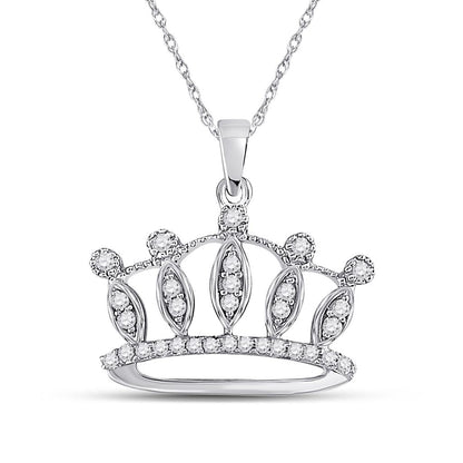 14k White Gold Round Diamond Crown Tiara Fashion Pendant 1/6 Cttw