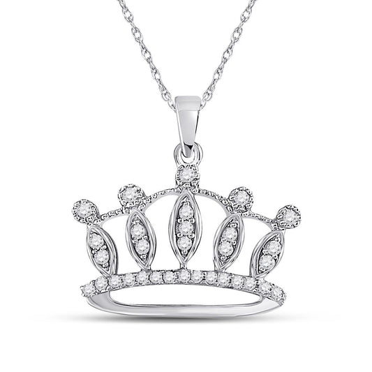 14k White Gold Round Diamond Crown Tiara Fashion Pendant 1/6 Cttw