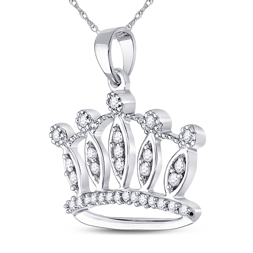 14k White Gold Round Diamond Crown Tiara Fashion Pendant 1/6 Cttw
