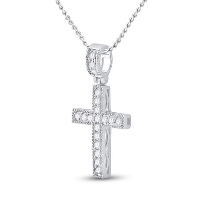 14kt White Gold Round Diamond Milgrain Cross Pendant 1/5 Cttw