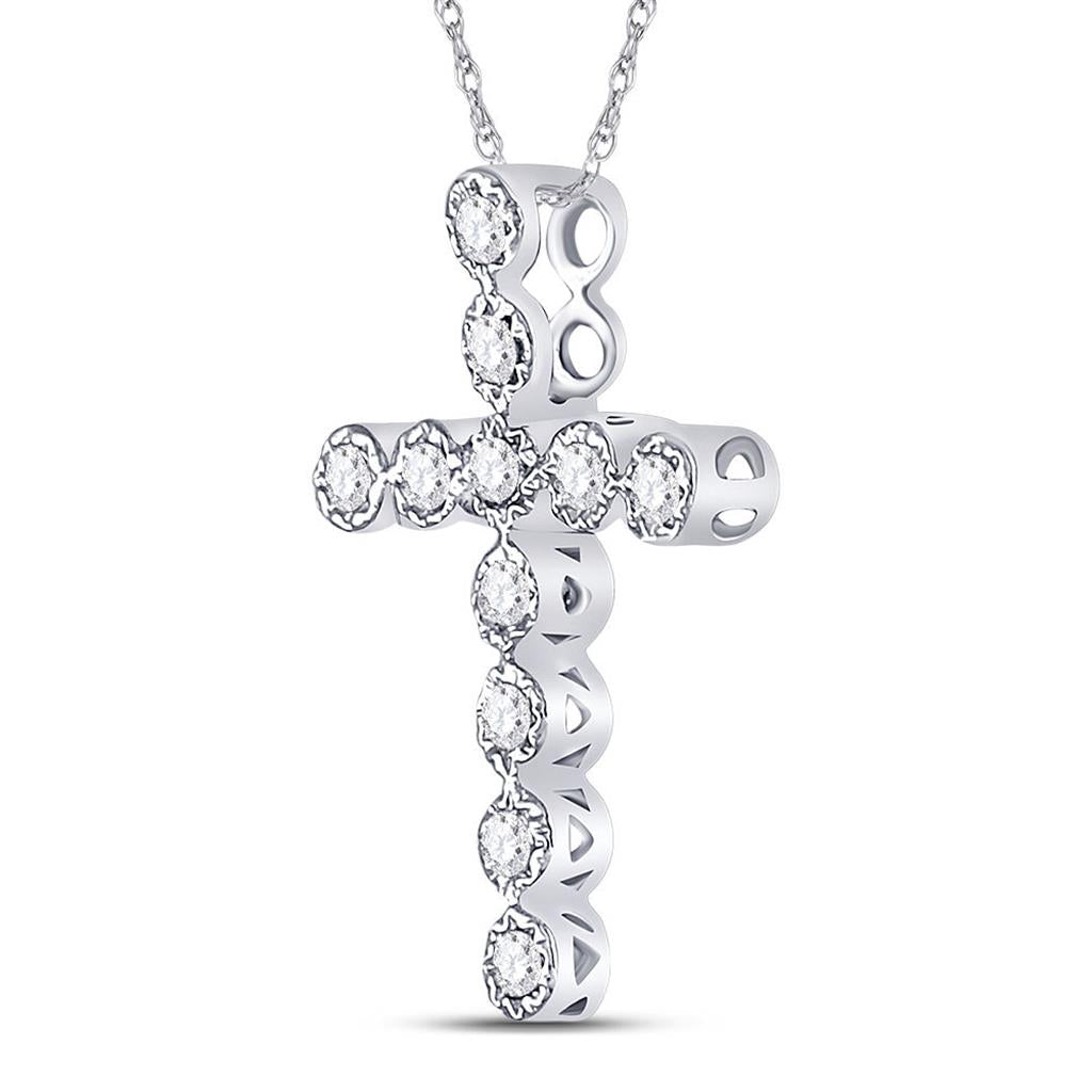 14kt White Gold Round Diamond Paternoster Cross Pendant 1/8 Cttw