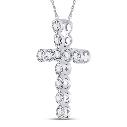 14kt White Gold Round Diamond Paternoster Cross Pendant 1/8 Cttw