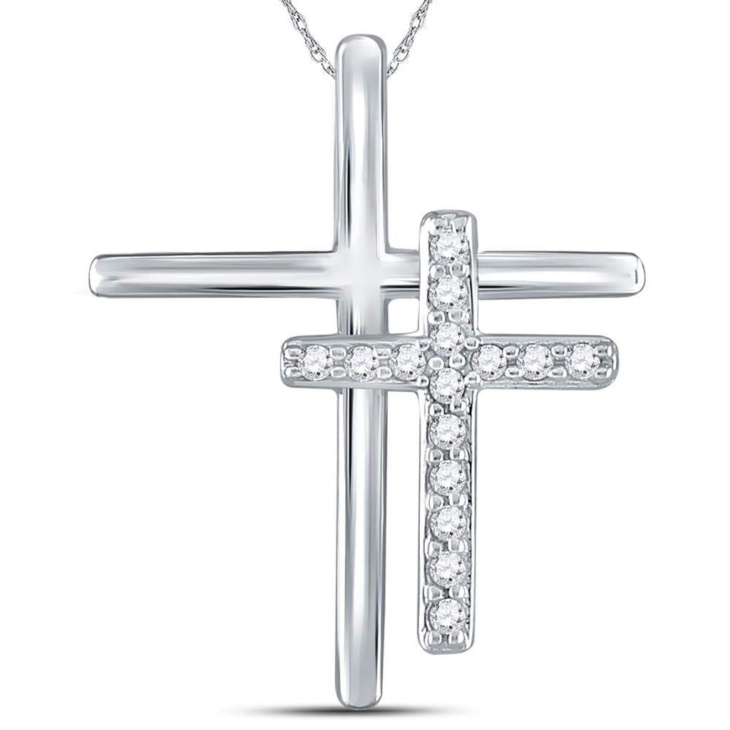 14k White Gold Round Diamond Double Cross Pendant 1/10 Cttw
