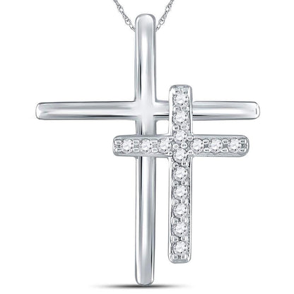 14k White Gold Round Diamond Double Cross Pendant 1/10 Cttw