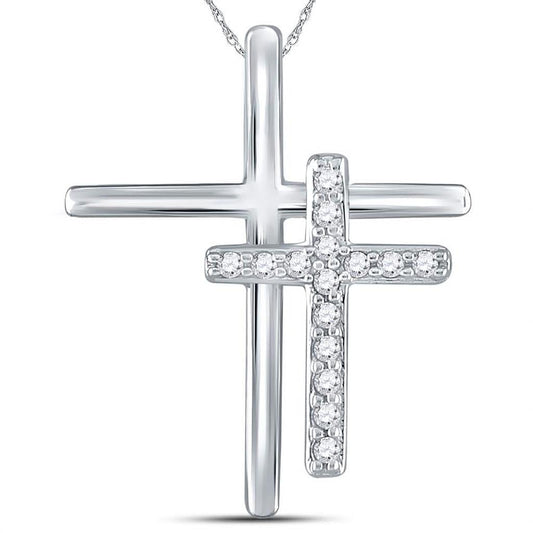 14k White Gold Round Diamond Double Cross Pendant 1/10 Cttw