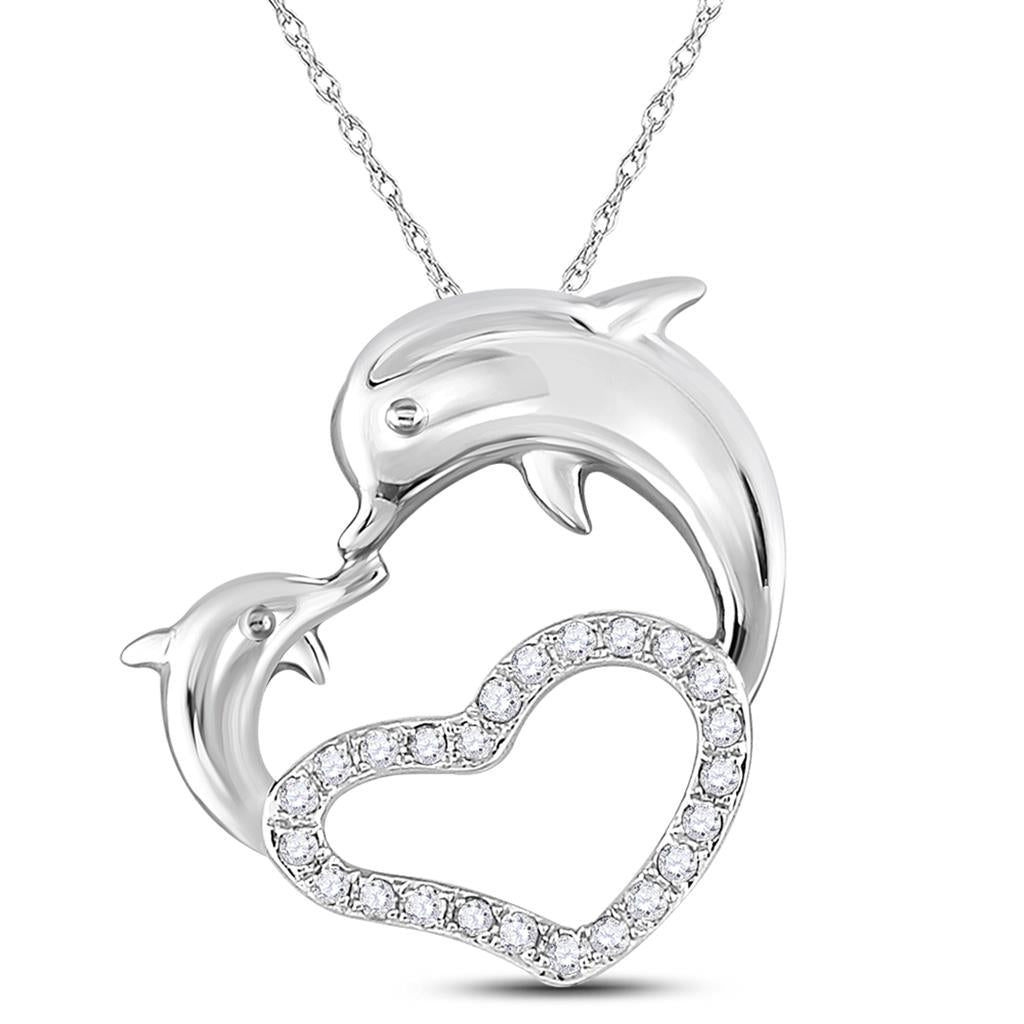 14kt White Gold Round Diamond Double Dolphin Heart Pendant 1/6 Cttw