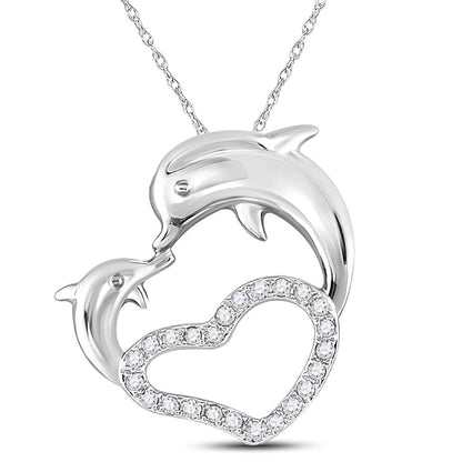 14kt White Gold Round Diamond Double Dolphin Heart Pendant 1/6 Cttw