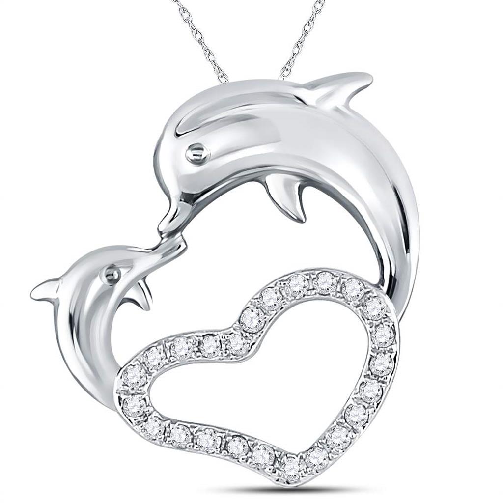 14kt White Gold Round Diamond Double Dolphin Heart Pendant 1/6 Cttw