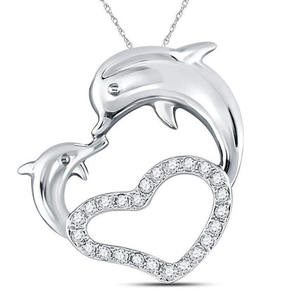 14kt White Gold Round Diamond Double Dolphin Heart Pendant 1/6 Cttw