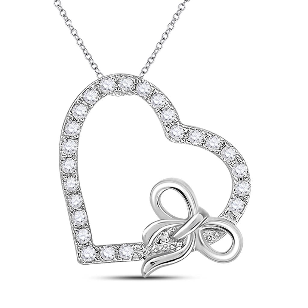 14k White Gold Round Diamond Heart Bow Pendant 1/4 Cttw