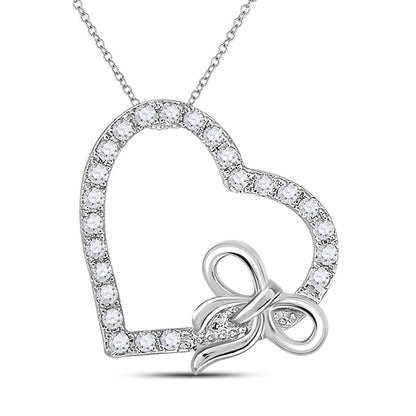 14k White Gold Round Diamond Heart Bow Pendant 1/4 Cttw