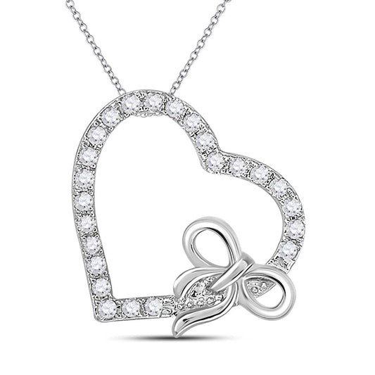 14k White Gold Round Diamond Heart Bow Pendant 1/4 Cttw
