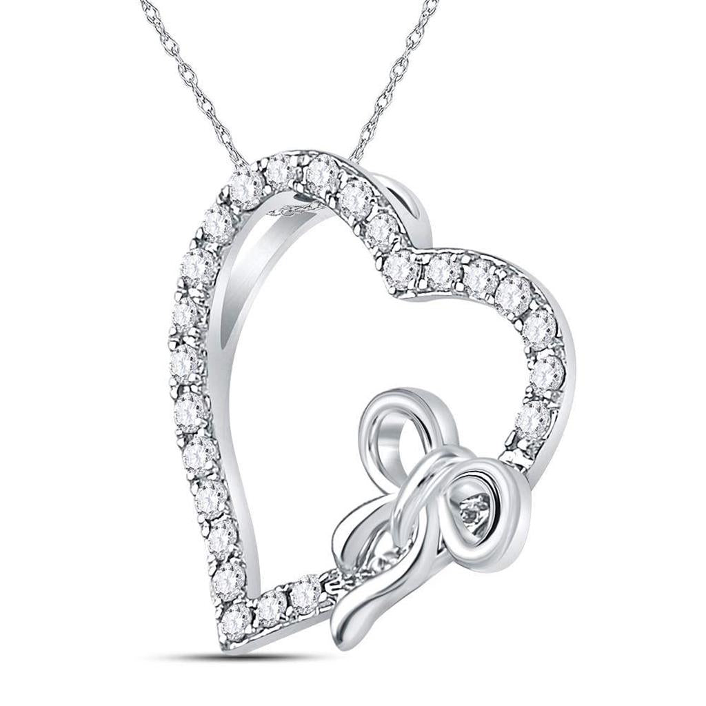 14k White Gold Round Diamond Heart Bow Pendant 1/4 Cttw
