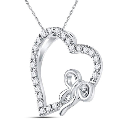 14k White Gold Round Diamond Heart Bow Pendant 1/4 Cttw