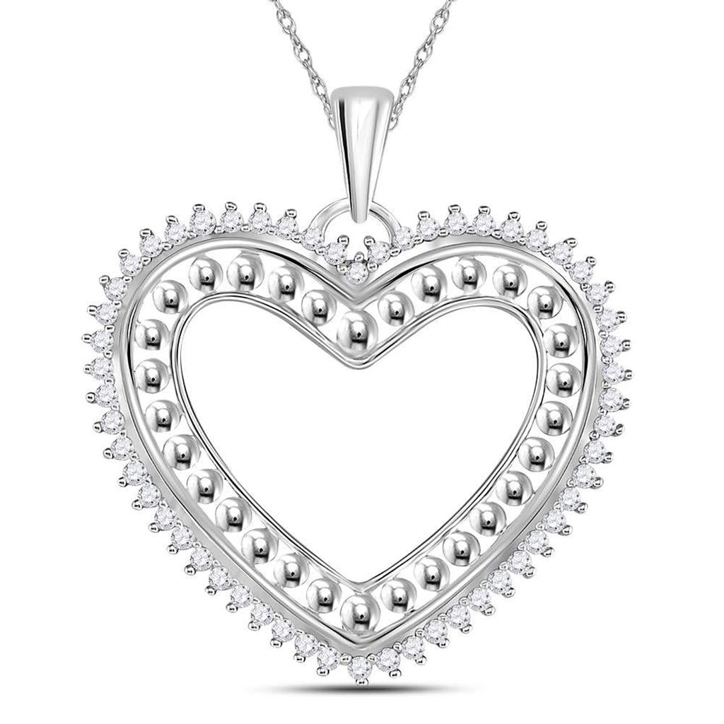 14k White Gold Round Diamond Beaded Heart Pendant 1/4 Cttw
