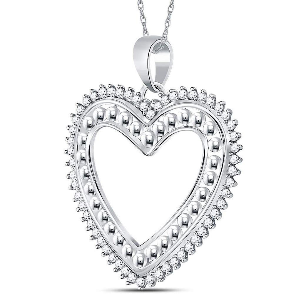14k White Gold Round Diamond Beaded Heart Pendant 1/4 Cttw