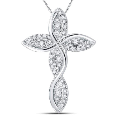 14k White Gold Round Diamond Contoured Wavy Cross Pendant 1/6 Cttw