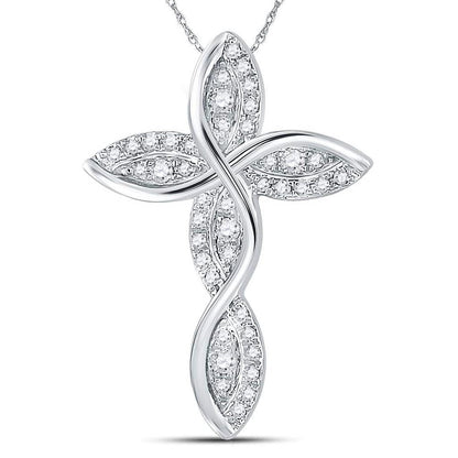 14k White Gold Round Diamond Contoured Wavy Cross Pendant 1/6 Cttw