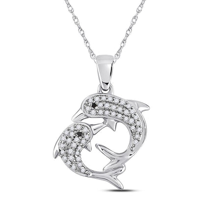14k White Gold Round Black Diamond Dolphin Pendant 1/6 Cttw