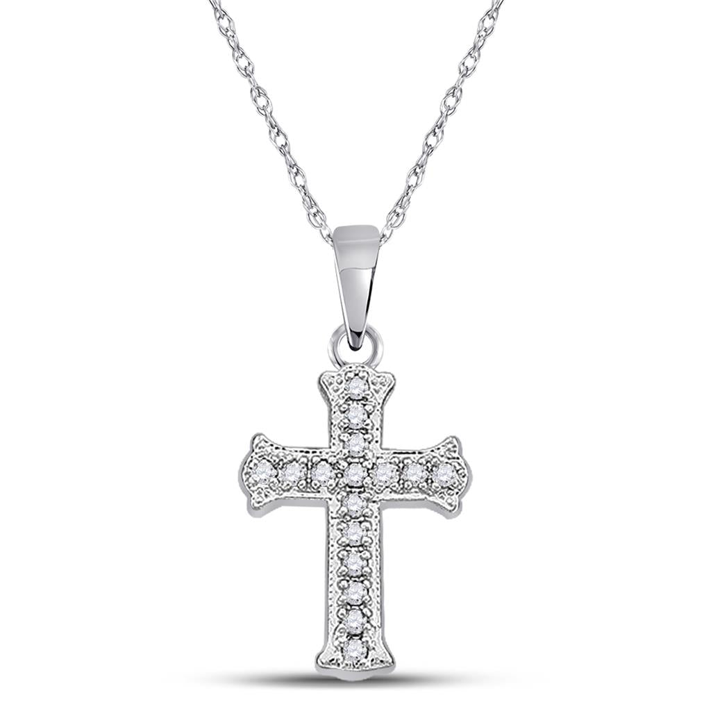 14k White Gold Round Diamond Cross Pendant 1/12 Cttw