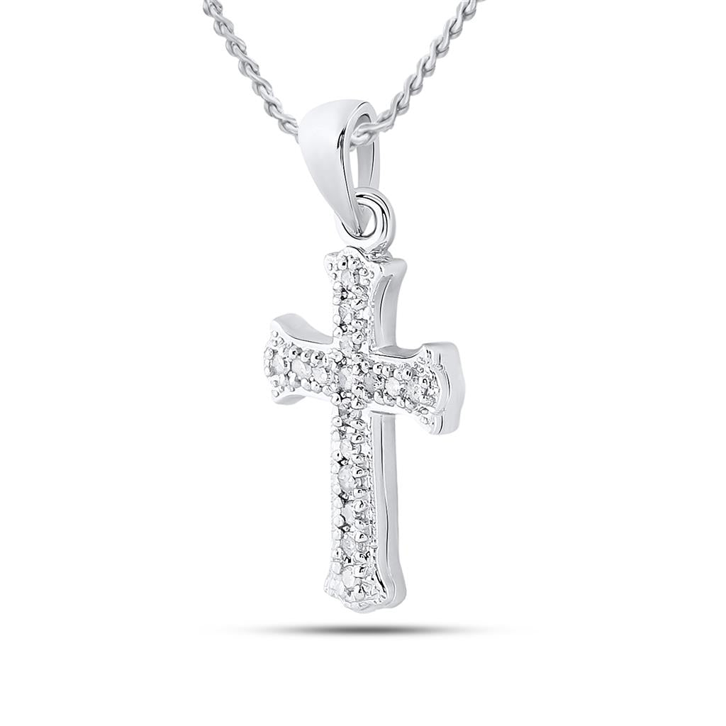 14k White Gold Round Diamond Cross Pendant 1/12 Cttw