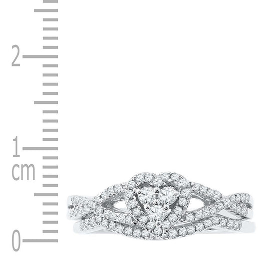 14k White Gold Round Diamond Heart Bridal Wedding Ring Set 3/8 Cttw
