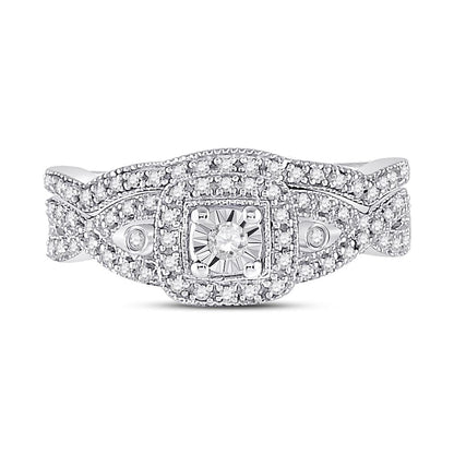 14k White Gold Round Diamond Twist Bridal Wedding Ring Set 1/4 Cttw