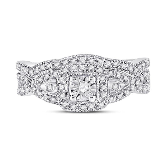 14k White Gold Round Diamond Twist Bridal Wedding Ring Set 1/4 Cttw