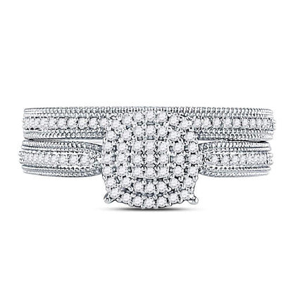 14kt White Gold Round Diamond Milgrain Bridal Wedding Ring Set 1/3 Cttw