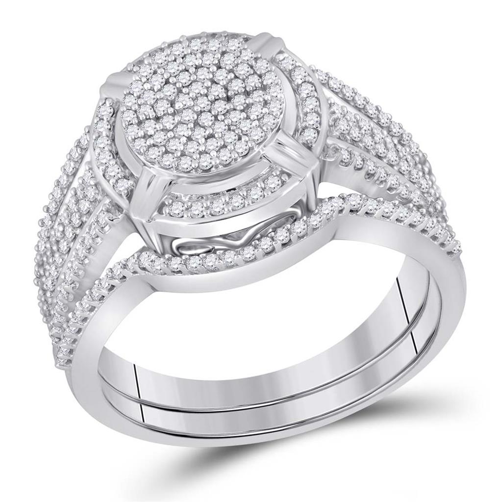14k White Gold Round Diamond Cluster Bridal Wedding Ring Set 1/2 Cttw