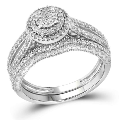 14k White Gold Round Diamond Cluster Bridal Wedding Ring Set 1/3 Cttw