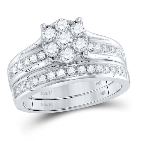 14k White Gold Round Diamond Cluster Bridal Wedding Ring Set 1 Cttw