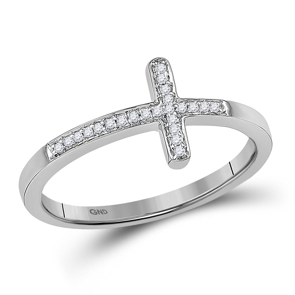 14k White Gold Round Diamond Cross Religious Band Ring 1/20 Cttw