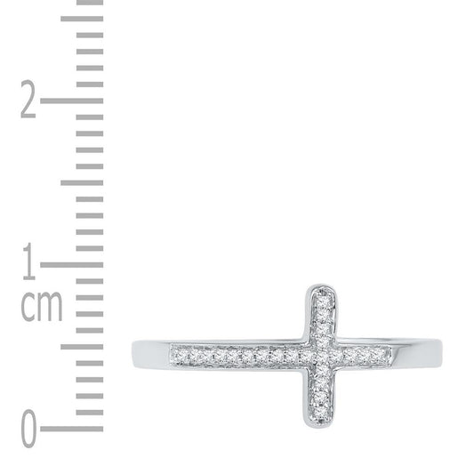 14k White Gold Round Diamond Cross Religious Band Ring 1/20 Cttw