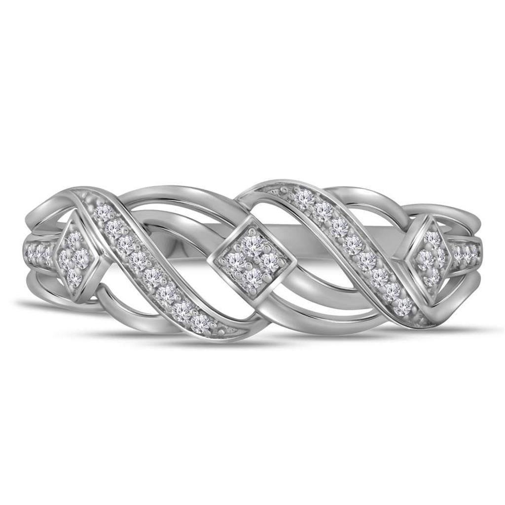 14k White Gold Round Diamond Striped Band Ring 1/10 Cttw